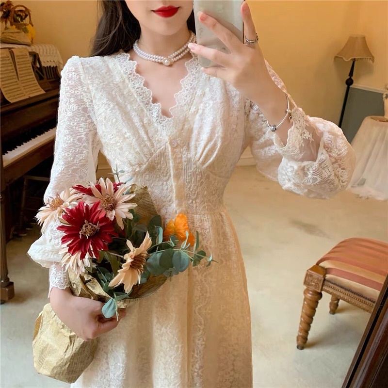 (ORDER.buiny)Đầm ulzzang công chúa ren xoè 2 lớp cổ V cao cấp dáng dài|váy ren thiết kế tiểu thư | BigBuy360 - bigbuy360.vn