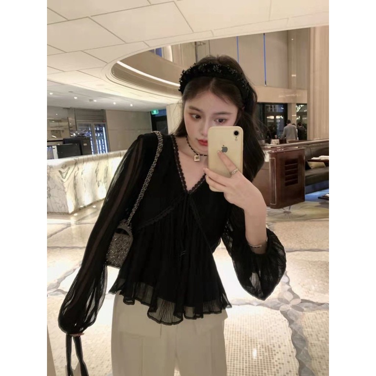 Áo Sơ Mi chiffon Mỏng Tay Dài Cổ Chữ v Phối Ren Phong Cách Hàn Quốc Mới Dành Cho Nữ
