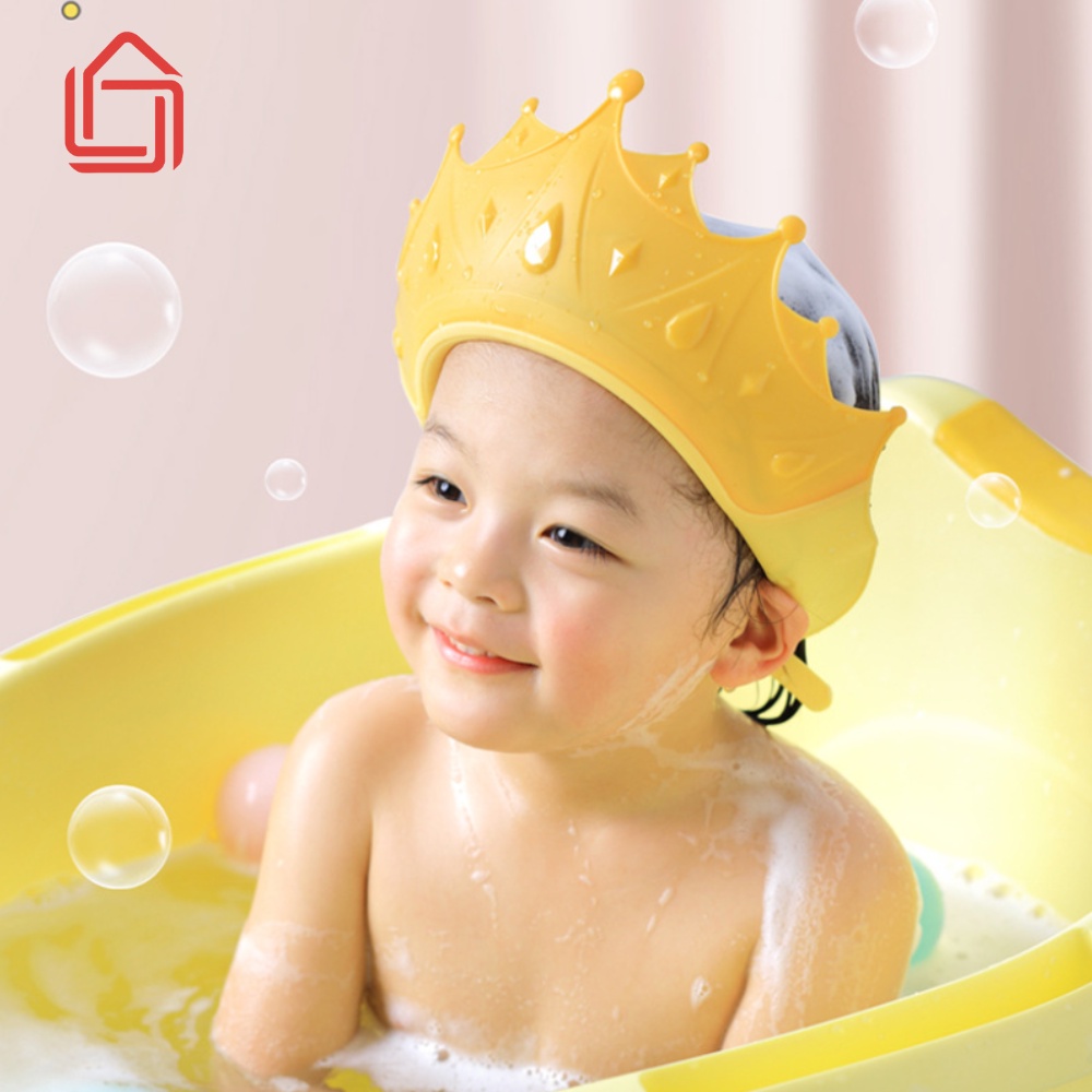 Mũ gội đầu hình vương miện chắn nước vào tai và mắt cho bé, Nón tắm đội đầu chắn nước cho bé có thể điều chỉnh vòng đầu