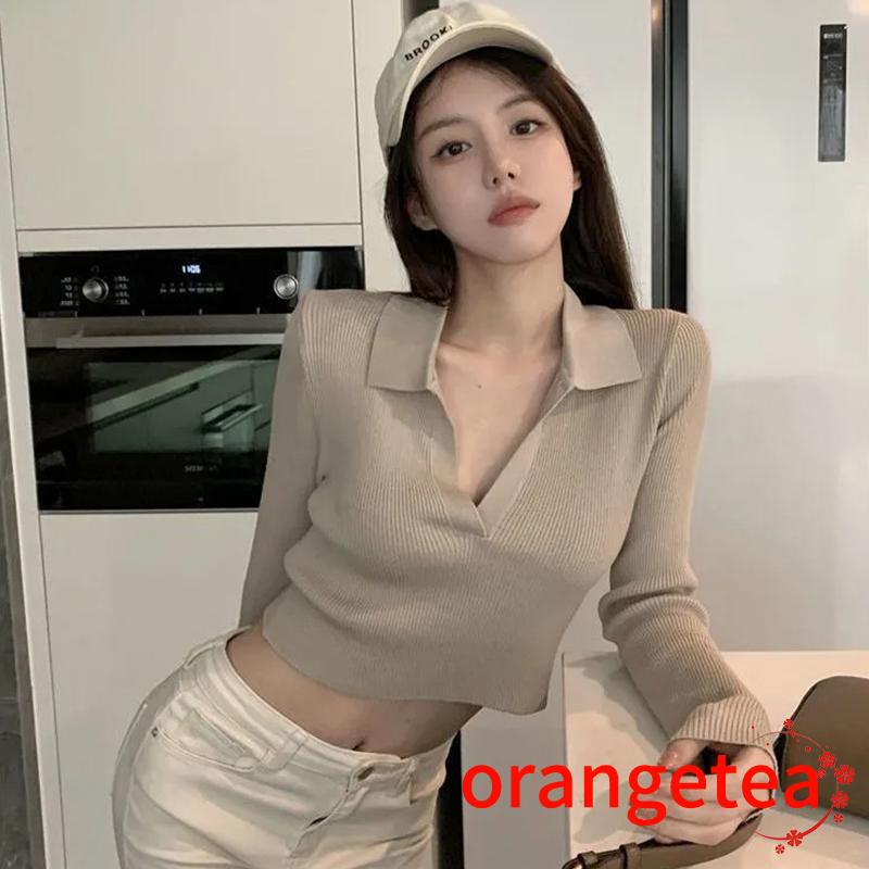 Áo Croptop Dệt Kim Tay Dài Cổ Chữ V Màu Sắc Thanh Lịch