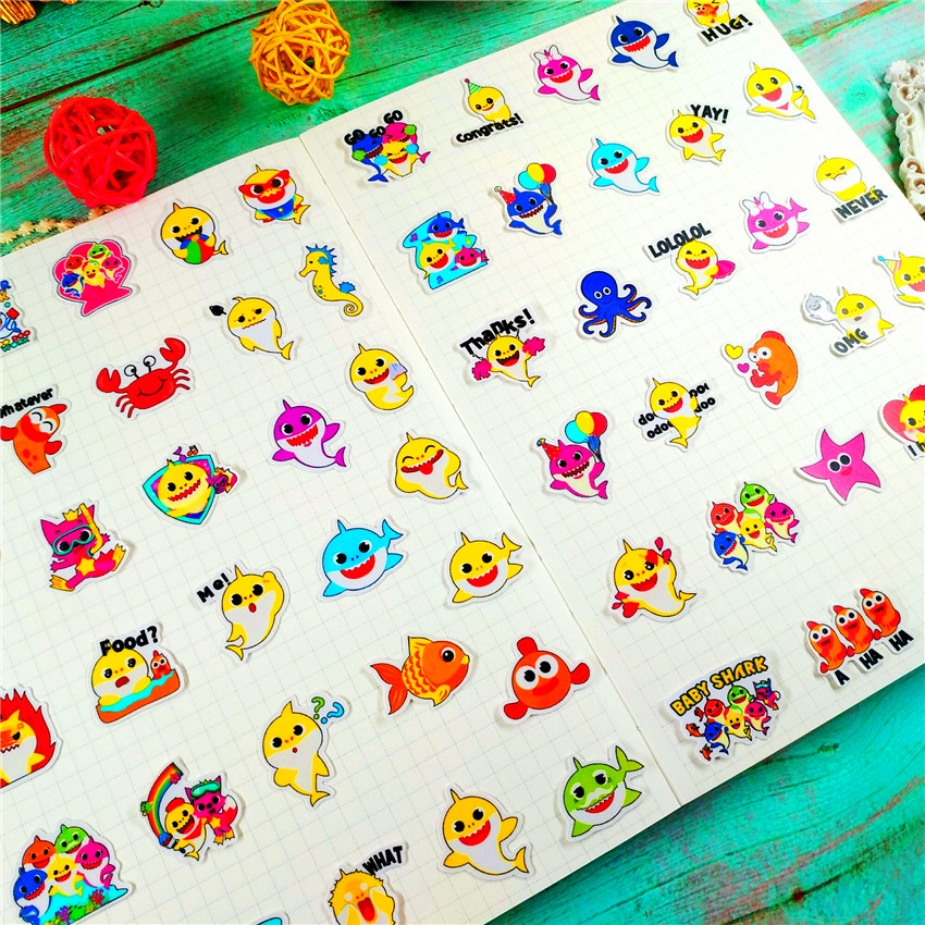 ★★★ Baby Shark doo doo doo Q-2 Mini Diary Manual Stickers ★★★ 60Pcs/Set DIY Fashion Scrapbooks Album Decor Decals Stickers（Size: 2~3cm）