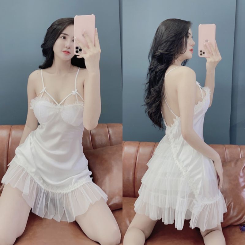 Đầm ngủ sexy SOJUN Váy ngủ tầng lưới Vải Satin Chất Siêu Mát Dáng Siêu Xinh