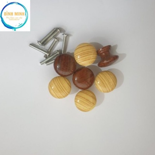 Núm tủ nhựa giả gỗ kèm vít - tay nắm tủ giả gỗ tự nhiên tròn