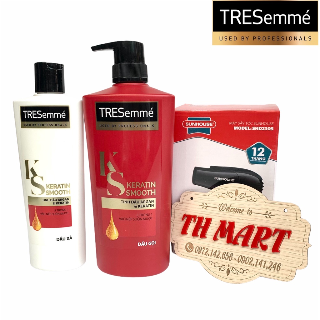 Combo Dầu gội đầu 640g và Dầu xả 340g TRESemmé Keratin Smooth vào nếp suôn mượt (Tặng máy sấy tóc)