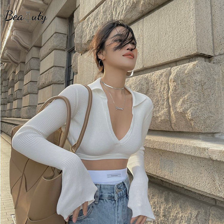 [MURIOKI] Áo Dệt Kim Nữ Tay Dài Cổ Chữ V Gợi Cảm