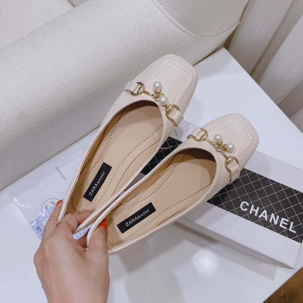 Giày búp bê nữ phối quai ngọc mũi vuông xinh xắn