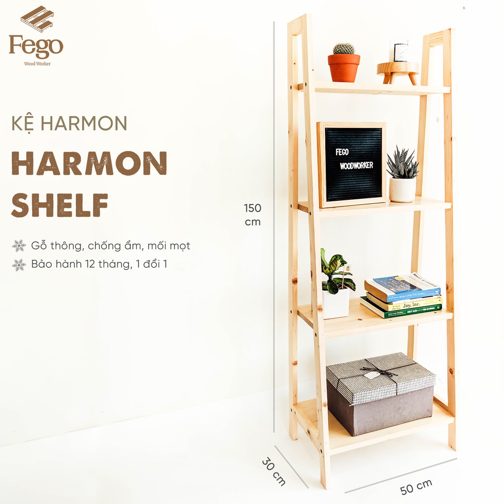 Kệ sách 4 tầng gỗ thông tự nhiên/ Giá để đồ đa năng FEGO Harmon