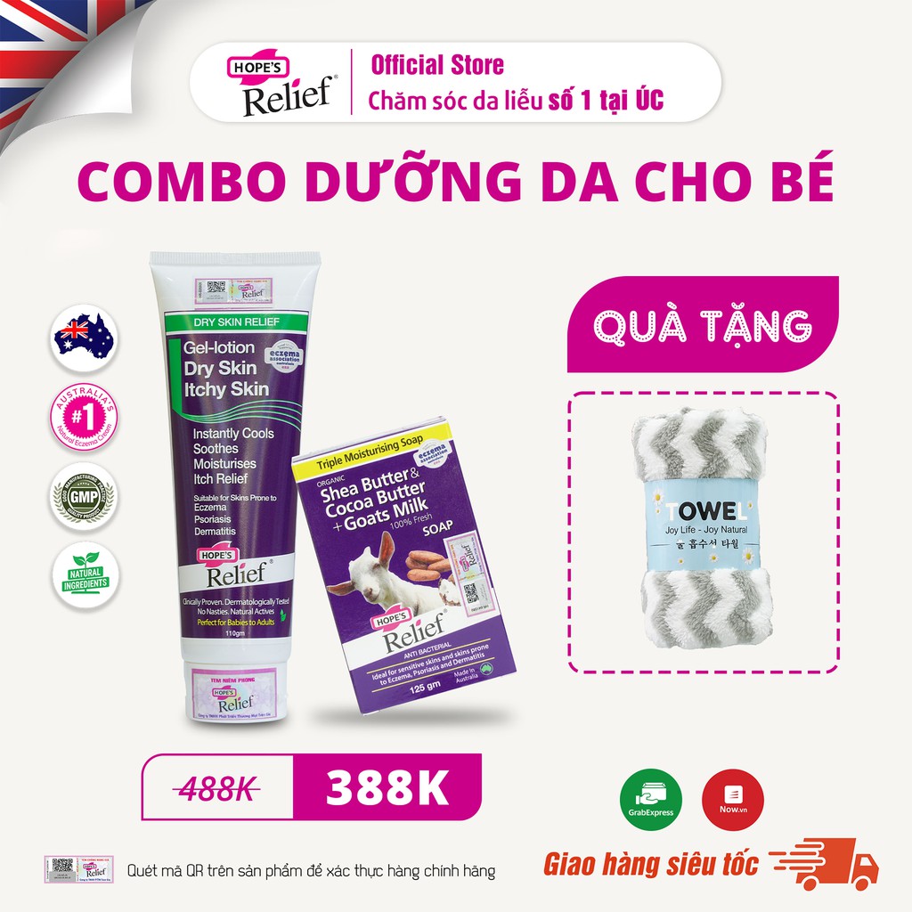 Combo chăm sóc da cho bé với gel dưỡng ẩm thảo dược giảm ngứa, rôm sảy, hăm tã và xà bông/ thanh rửa mặt Hope’s Relief