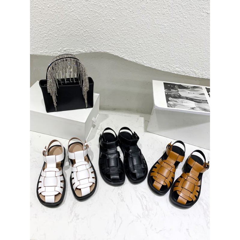 Dép sandal nữ da thật mũi tròn bịt mũi the row