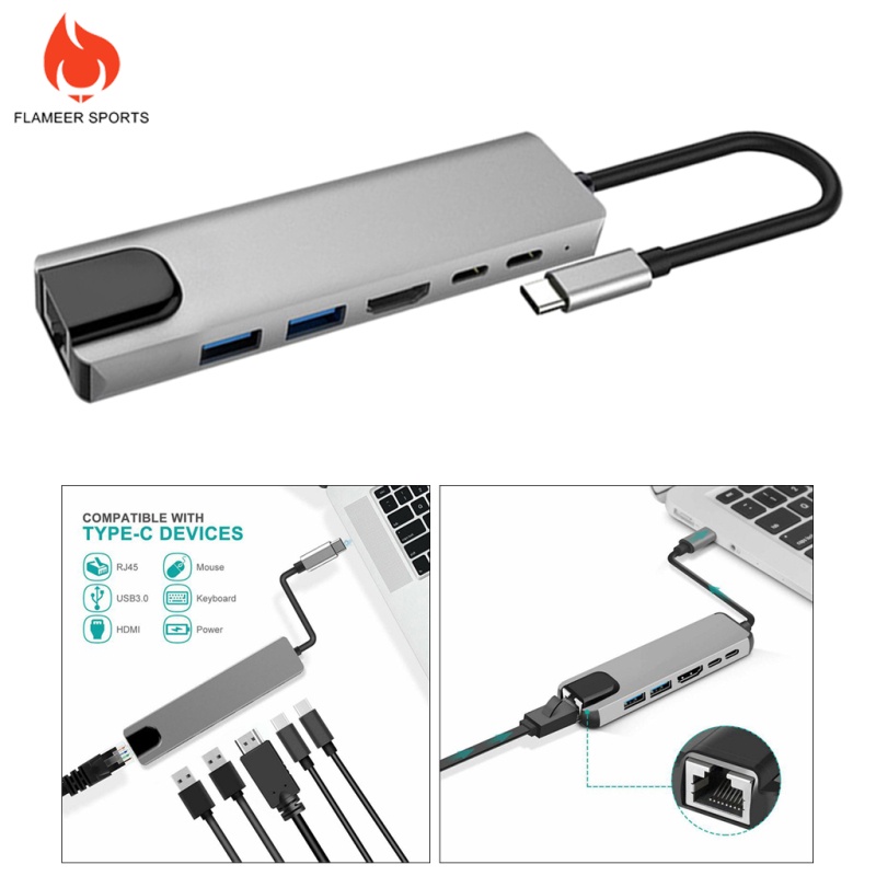 Flameer Sports  6 in 1 USB C Hub USB Type C 3.1 Adapter Dock w/ 4K HDMI PD Charge  2x USB3.0