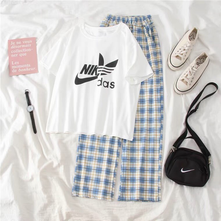 Sét áo Chữ N.k + quần kẻ xanh, Áo thun from rộng, Chất đẹp không xù, quần suông ống rộng, Sét bộ mặc ở nhà - MODY