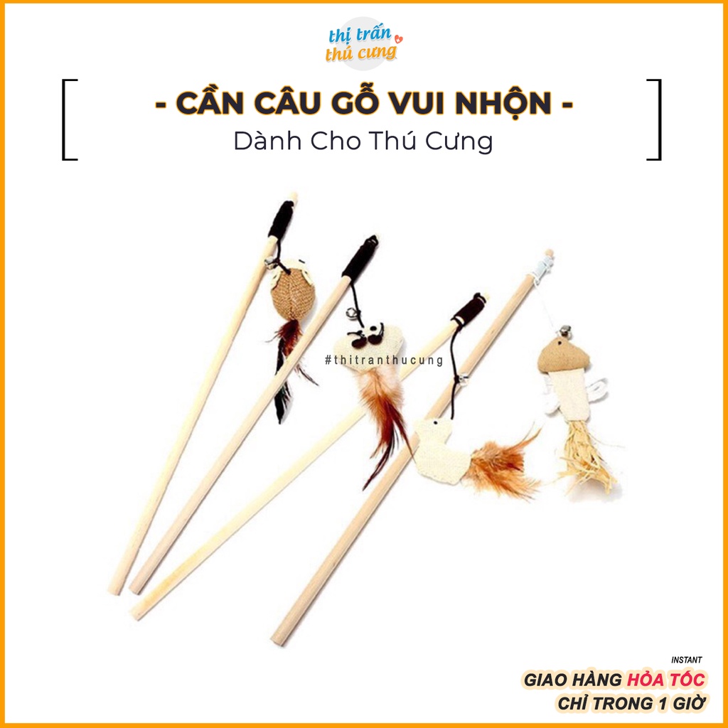 Cần Câu Mèo Cán Gỗ Đồ Chơi Vui Nhộn - Cây Vờn Mèo Hoạt Động