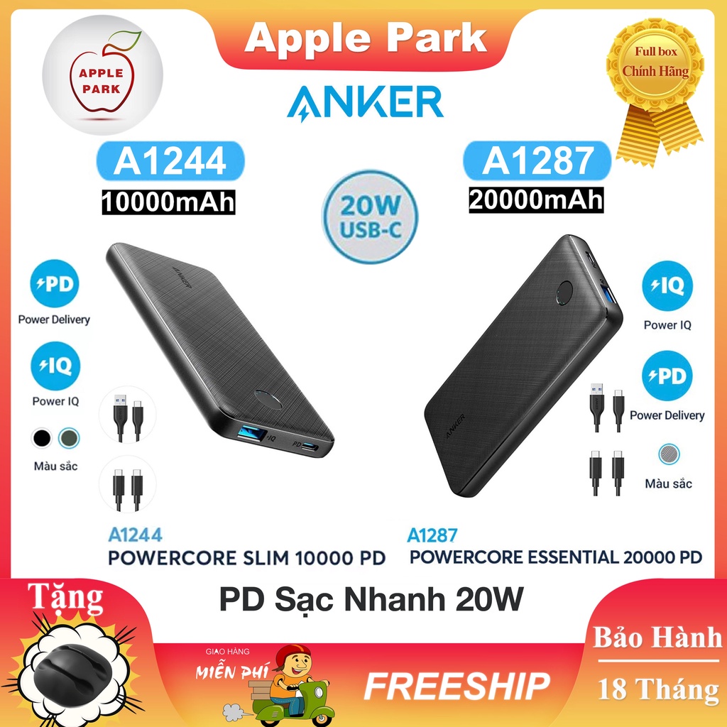 Sạc Dự Phòng ANKER Sạc Nhanh PD 20W A1244 10000mAh / A1287 20000mAh,Sạc Nhanh 2 Cổng Đầu Ra USB-A Max 12W PD Max 20W