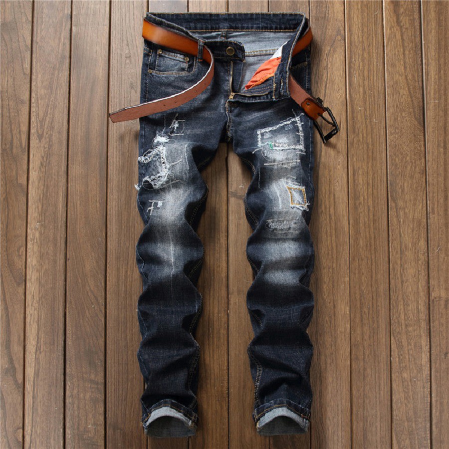 Quần Jeans Nam ống suông rách chắp vá thời thượng phong cách cá tính