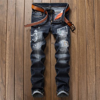 Quần Jeans Nam ống suông rách chắp vá thời thượng phong cách cá tính