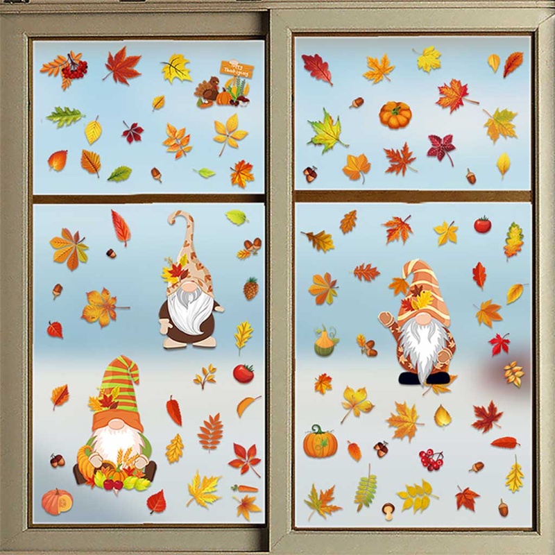 Set 6 Tấm Đề Can Tĩnh Điện Dán Kính Cửa Sổ Lễ Tạ Ơn Mùa Thu Hình Lá Phong Bí Ngô Mùa Thu
