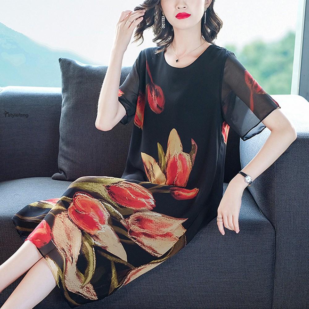 Đầm Lụa Lạnh Tay Ngắn In Họa Tiết Thời Trang Mùa Hè Cho Nữ | BigBuy360 - bigbuy360.vn