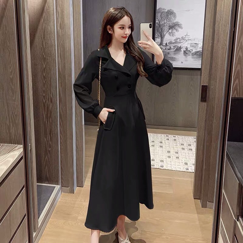 Váy dáng dài xoè cổ vest 2 hàng cúc túi 2 bên vintage