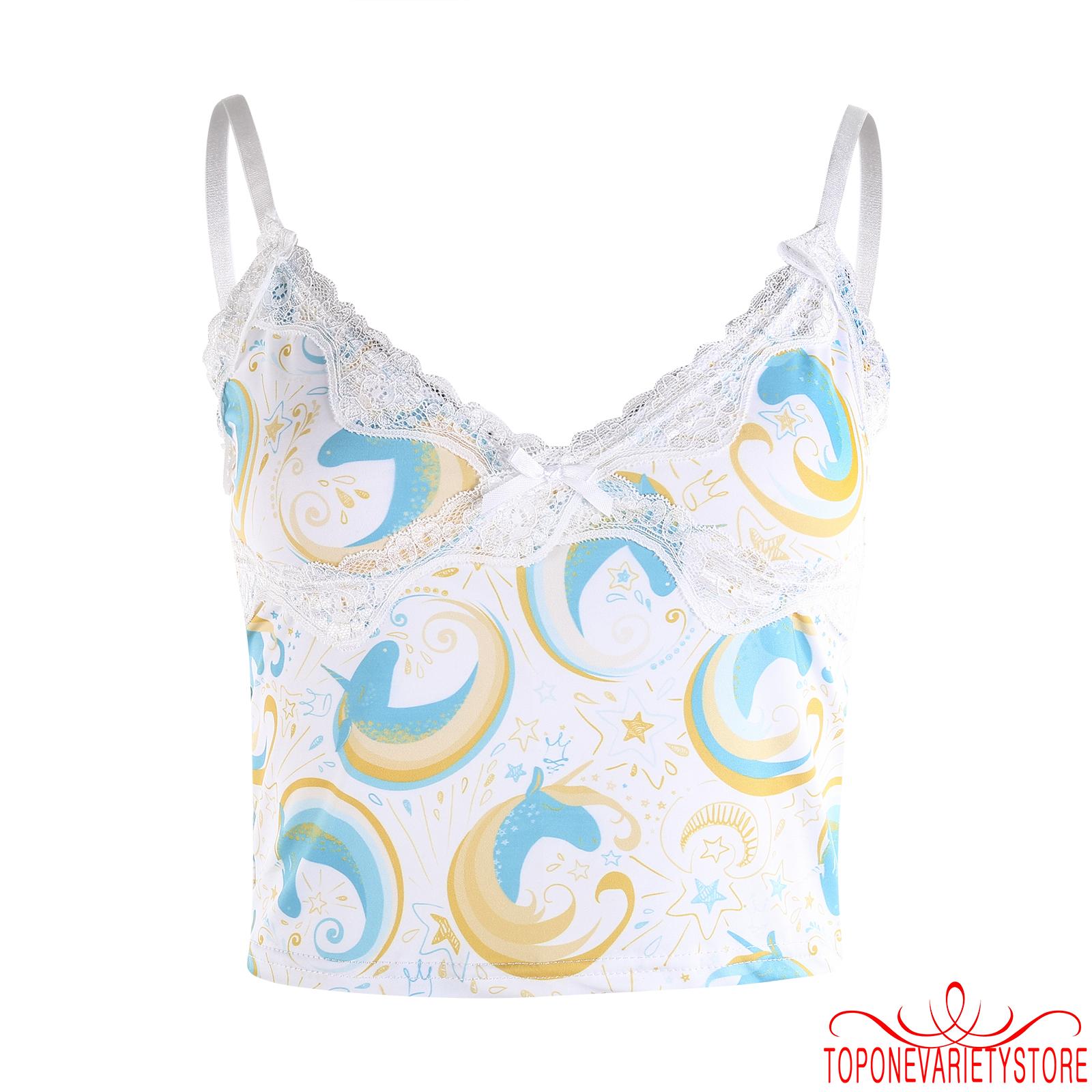 TOPQ-Women´s Crop Tops Sexy Spaghetti Strap Lace Patchwork Moon Star Print
