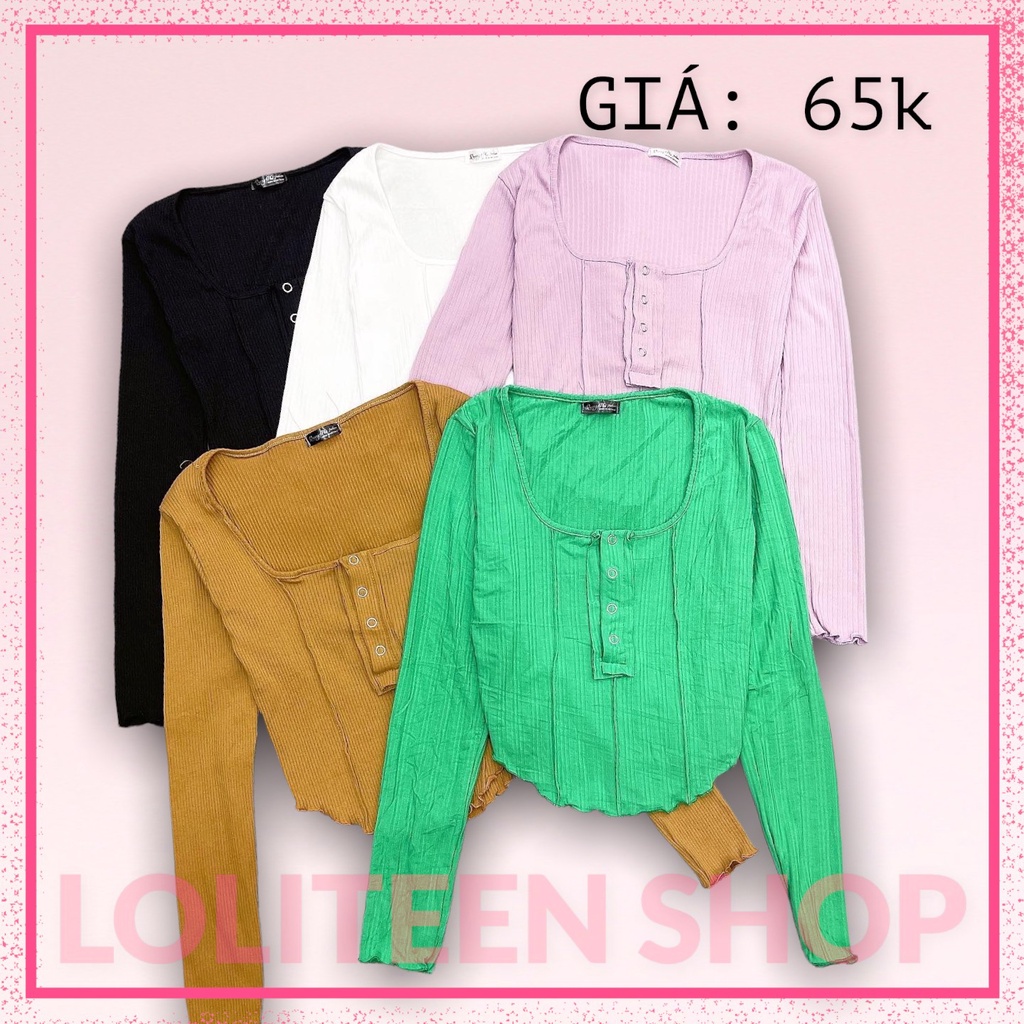 Áo Tay Dài Croptop Vạt Bầu Nút Bấm Gân Tăm