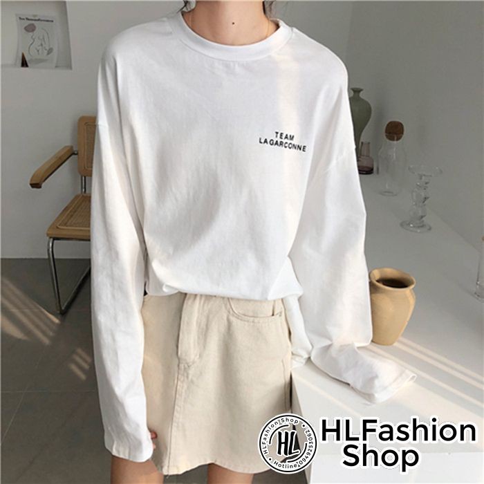 Áo thun tay dài form rộng unisex thêu chữ Team La Garconne, áo dài tay nam nữ tay phồng HLFashion