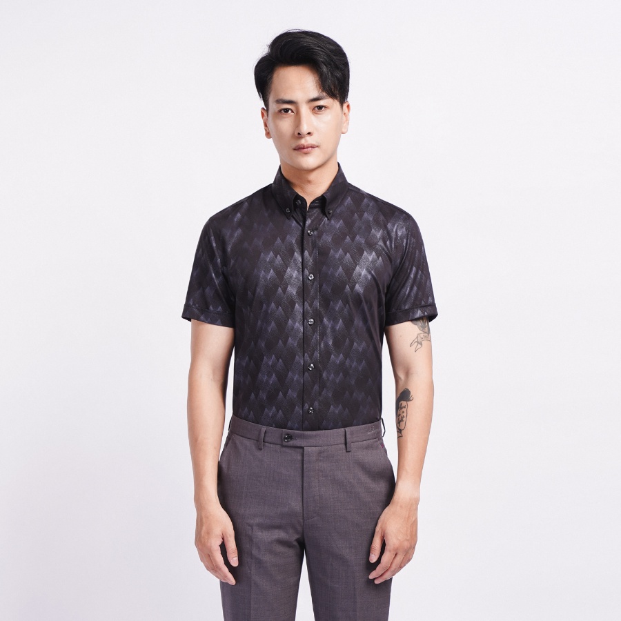 Áo sơ mi ngắn tay họa tiết đen cao cấp Phan Nguyễn chất liệu sợi tre mát mẻ, thấm hút tốt, form slim fit ôm vừa SMC.338