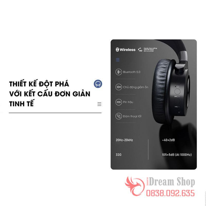 Tai nghe bluetooth headphone chụp tai ko không dây Remax v5.0 cách âm chống ồn sạc pin chính hãng