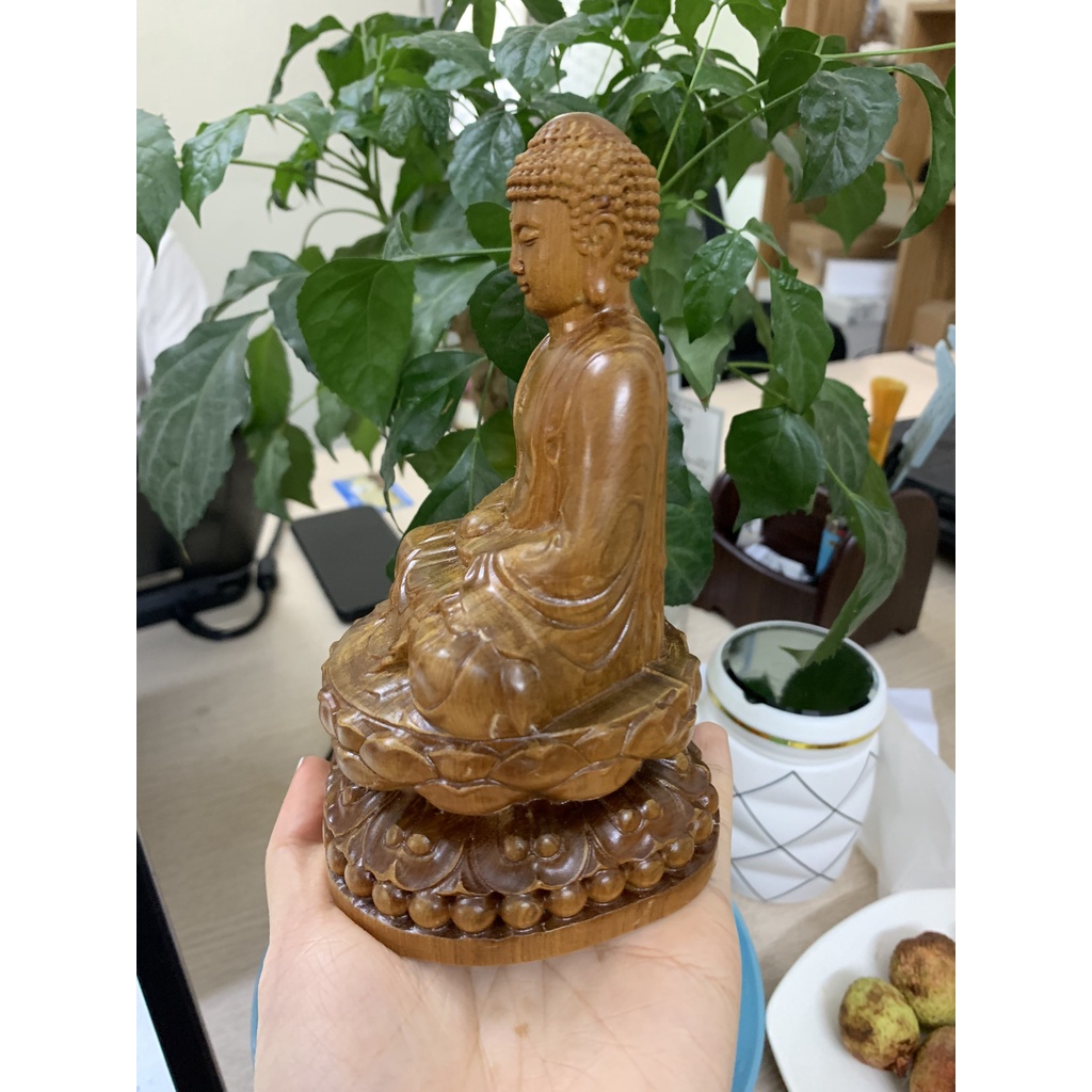 Tượng phật Adida gỗ cùng đài sen trắng để taplo xe hơi,set phật adida bên mộc liên hoa