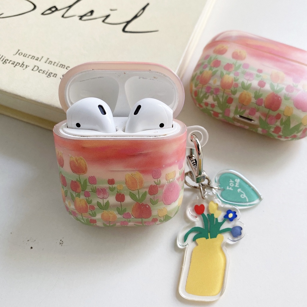 Vỏ bảo vệ hộp sạc tai nghe bluetooth không dây họa tiết hoa tulip thích hợp cho Apple Airpods 1/ 2/ 3 Pro