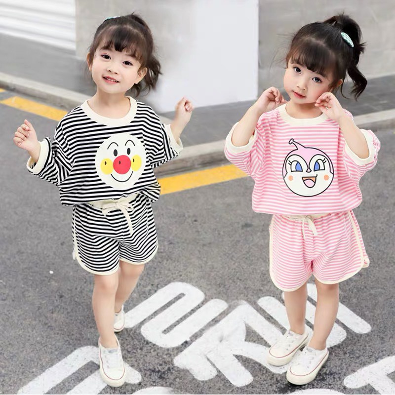 [Mã FASHIONMON194 giảm 10K đơn 20K] Bộ hè cotton kẻ ngang in hình thú cho bé 8-18kg QATE575