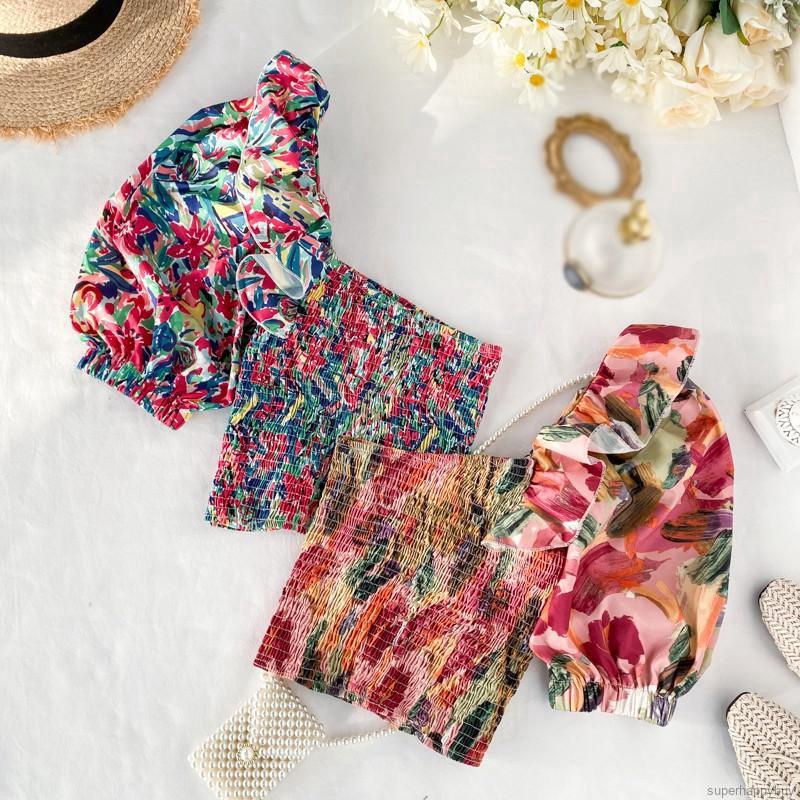 Women Floral Printed Ruffled Irregular Sexy Chiffon Blouse Tops
