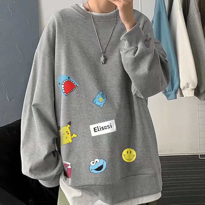 Áo sweater dài tay cổ tròn dáng rộng 45kg-110kg họa tiết hoạt hình thời trang thu đông unisex