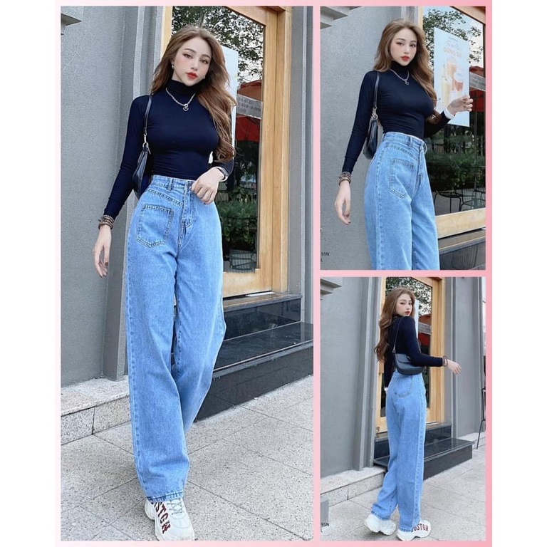 Quần jean nữ ống rộng ❤️ Cạp lưng cao dáng ống suông chất bò dầy dặn 1 túi trước trẻ trung LX14