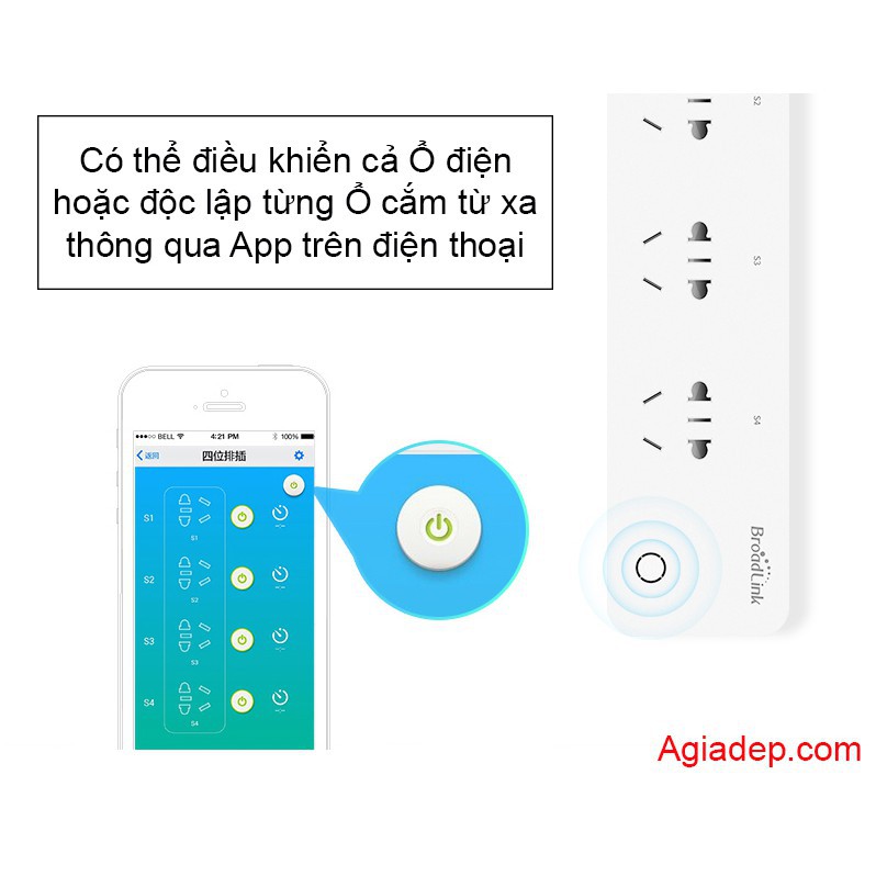 Ổ điện thông minh Broadlink MP1 điều khiển bật tắt từ xa qua wifi internet (Ổ dài gồm 04 ổ)