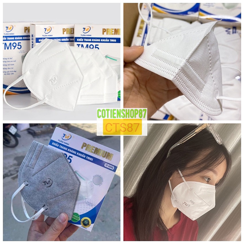 Khẩu trang N95 Tuấn Minh Premium, hộp 10 cái, 5 lớp kháng khuẩn, dây đeo co dãn, form đẹp nhiều màu