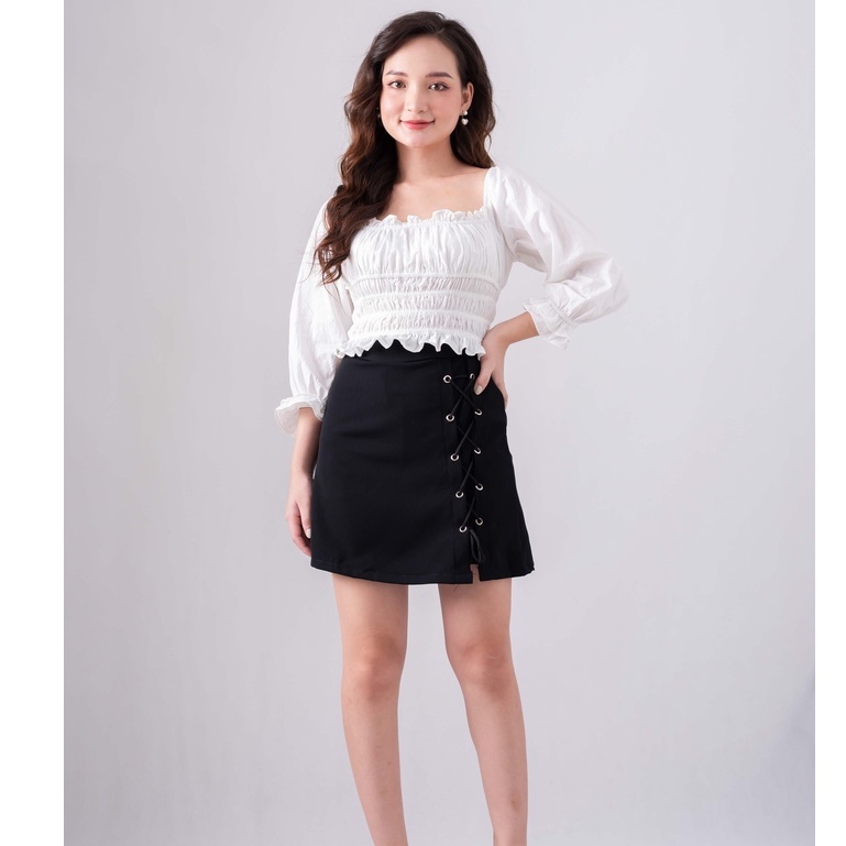 Áo croptop ulzzang trắng buộc dây cổ - áo bèo nhún ôm chun