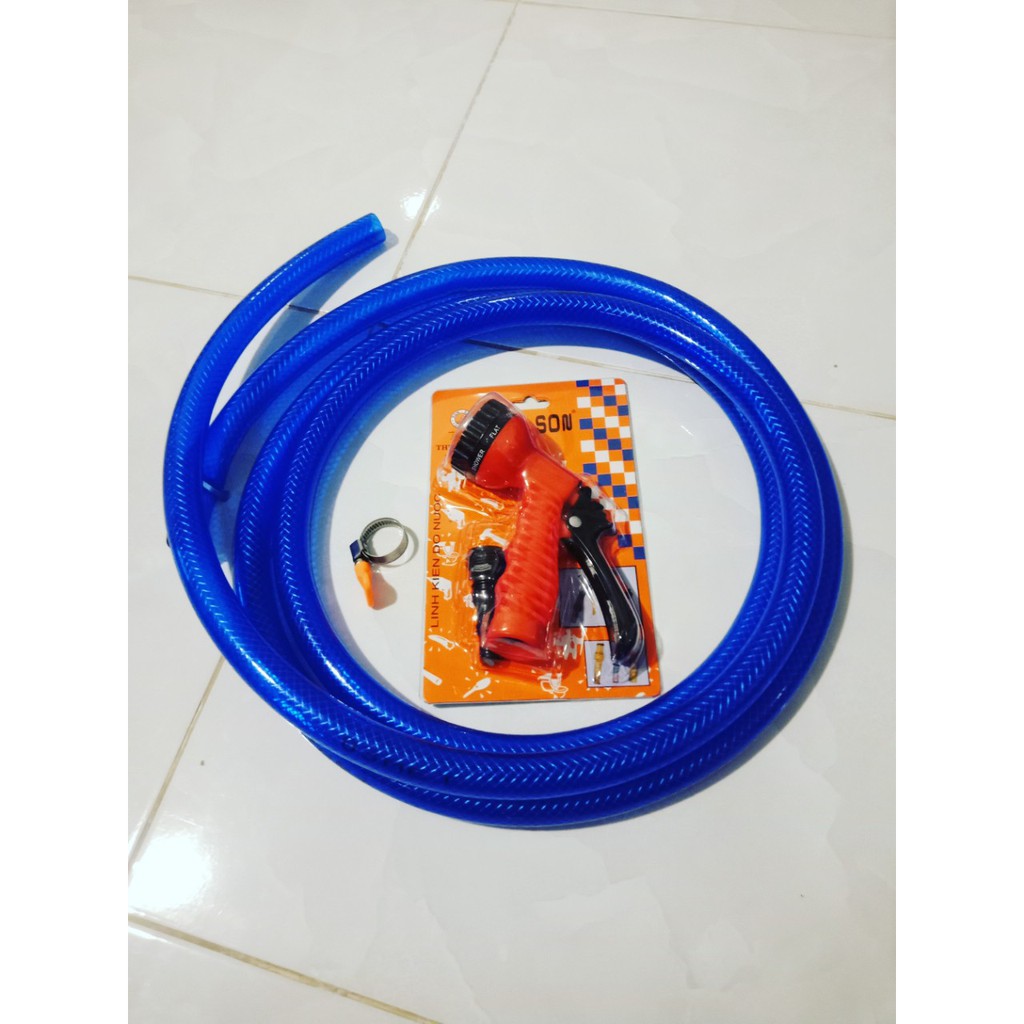 5m Dây ống nước dẻo màu xanh + 2 Đai siết + 1 Vòi tưới