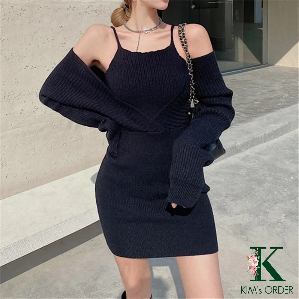 Đầm Len Body Nữ Màu Trắng Đen Ghi Dài Tay Bồng Tiểu Thư Cổ Chữ V Váy Len Hai Dây Dáng Ôm Sát Đi Tiệc Sành Điệu Loại Đẹp