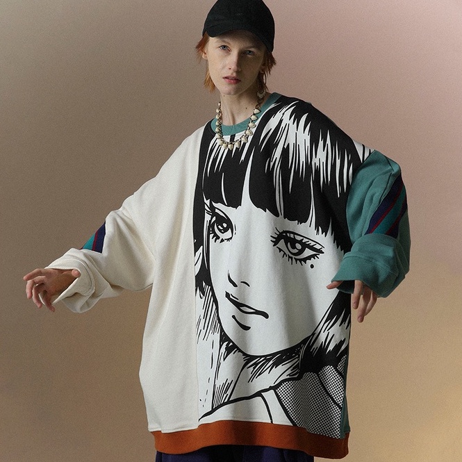 Áo sweater Tay Dài Dáng Rộng In Họa Tiết Hoạt Hình Phong Cách Đường Phố