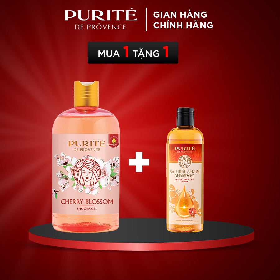 Combo Sữa Tắm Thiên Nhiên Purité Hoa Anh Đào 500ml + Dầu gội Purité serum thiên nhiên giảm ngay hư tổn 330ml