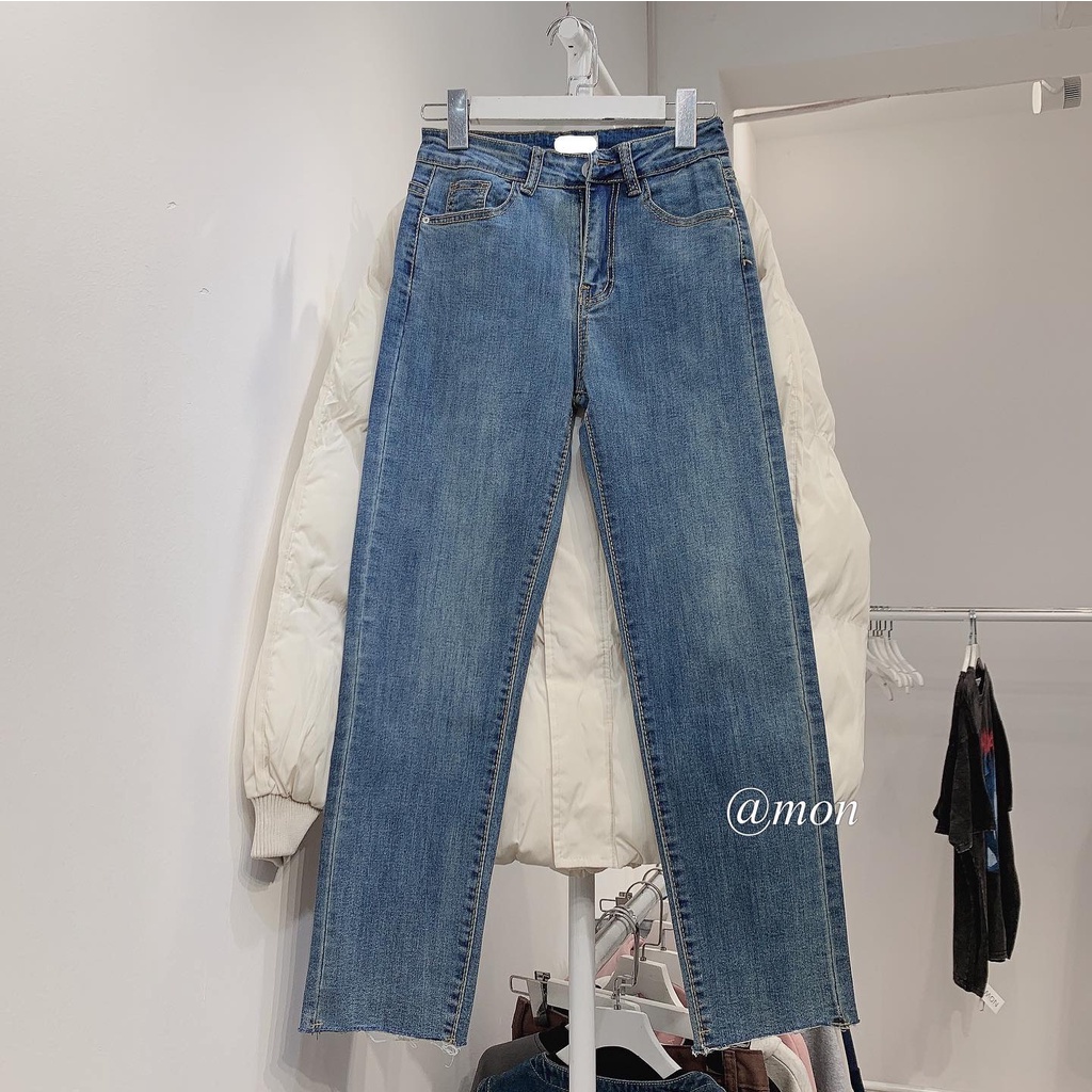 2101394 Quần jeans nữ ulzzang dáng ôm co giãn, chất jeans dày dặn, ống đứng màu xanh có size