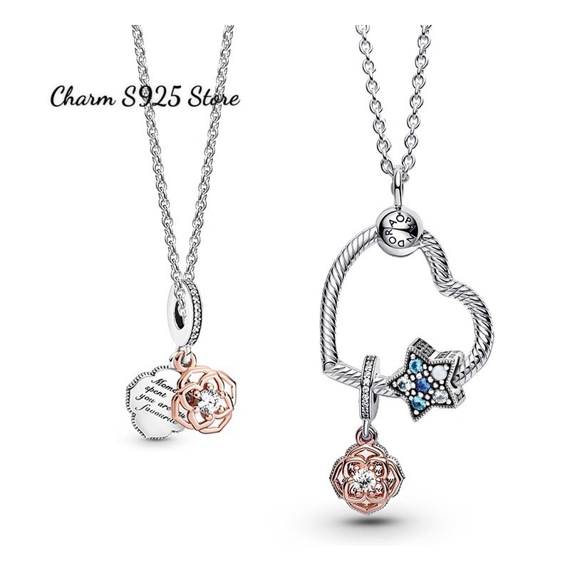 combo dây chuyền + 1 mặt charm pan hoa hồng bạc s925 cao cấp