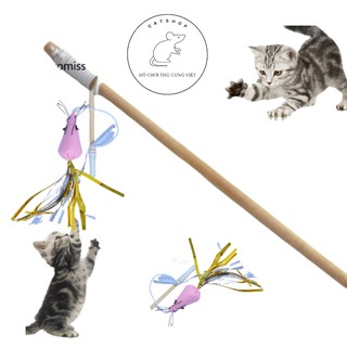 Set 2 chuột giả đuôi nhiều màu - đồ chơi cho thú cưng - kèm dây và kèm cây
