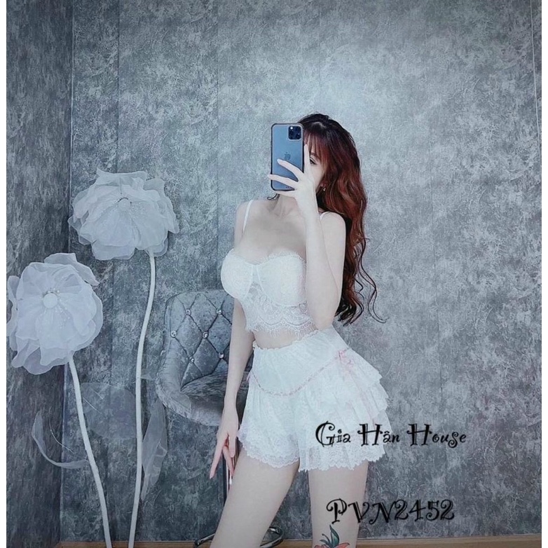 Set áo 2 dây ren đính nút và quần ren nhiều tầng siêu sexy quyến rũ capnhatxuhuong