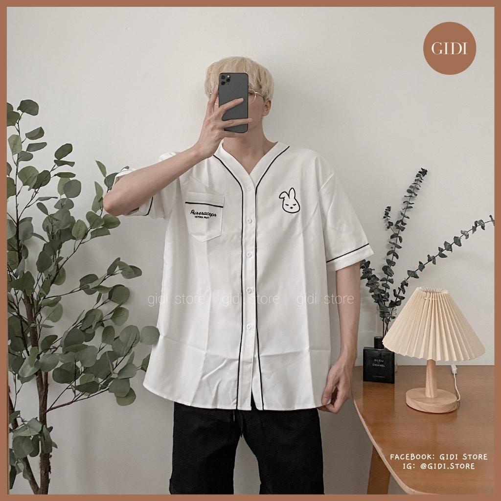 Áo Sơ mi BUNNY tay lỡ Nam Nữ Unisex thêu thỏ viền OVERSIZE - cổ chữ V form rộng vải nhung tăm thoáng mát, không nhăn