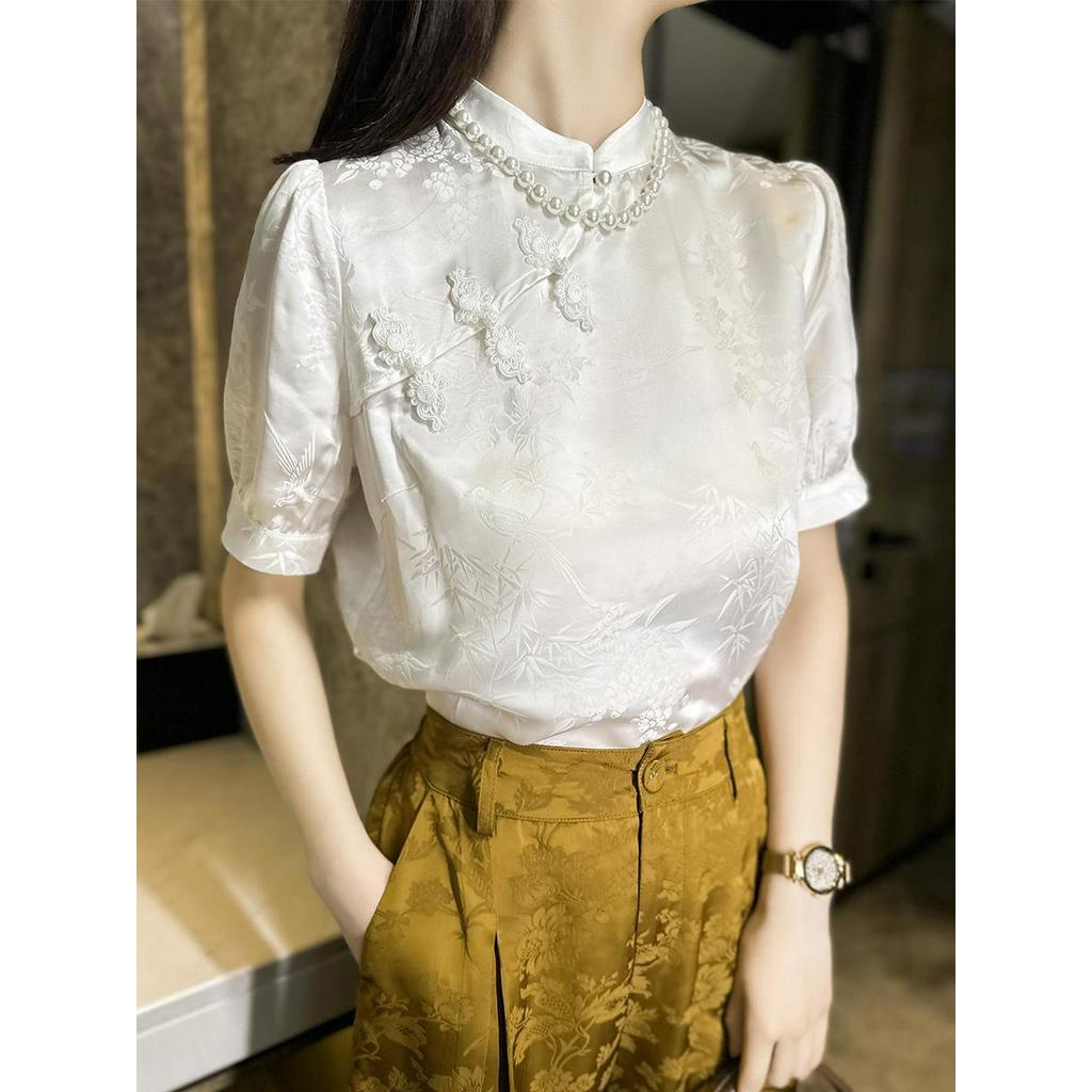 Áo Sơ Mi Chiffon Cổ Đứng Tay Ngắn Thời Trang Mùa Hè 2023 Phong Cách Cổ Điển Dành Cho Nữ