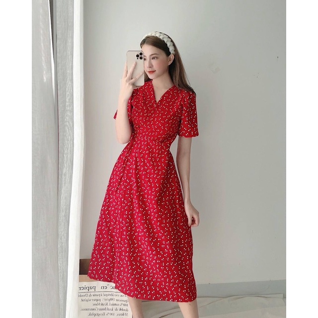 ĐẦM HOA ĐỎ NHÍ  ĐẮP CHÉO THẮT EO