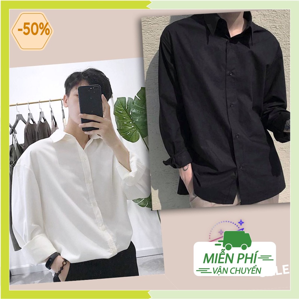 Áo Sơ Mi Nam Nữ Form Rộng TRƠN Basic Unisex Dài Tay Trắng và Đen chất Cotton lụa Hàn mịn mát Bigsize suông SM1
