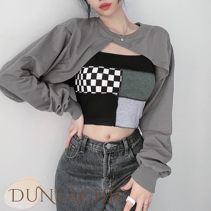 DUNEA Áo Nữ Tay Dài Họa Tiết Ca Rô Thời Trang Thanh Lịch