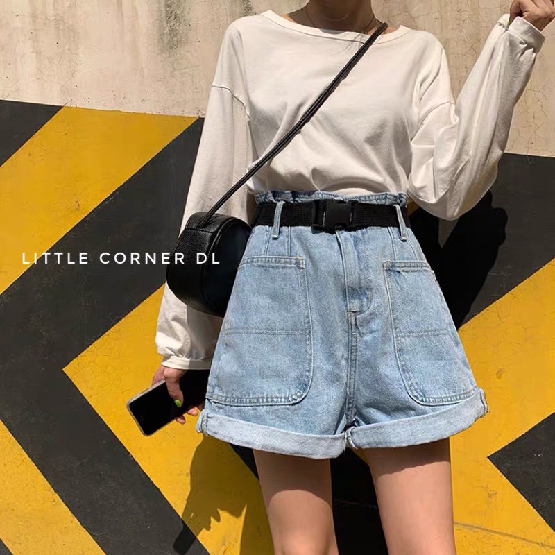 Quần short jean lưng cao phối túi kèm thắt lưng quảng châu có sẵn